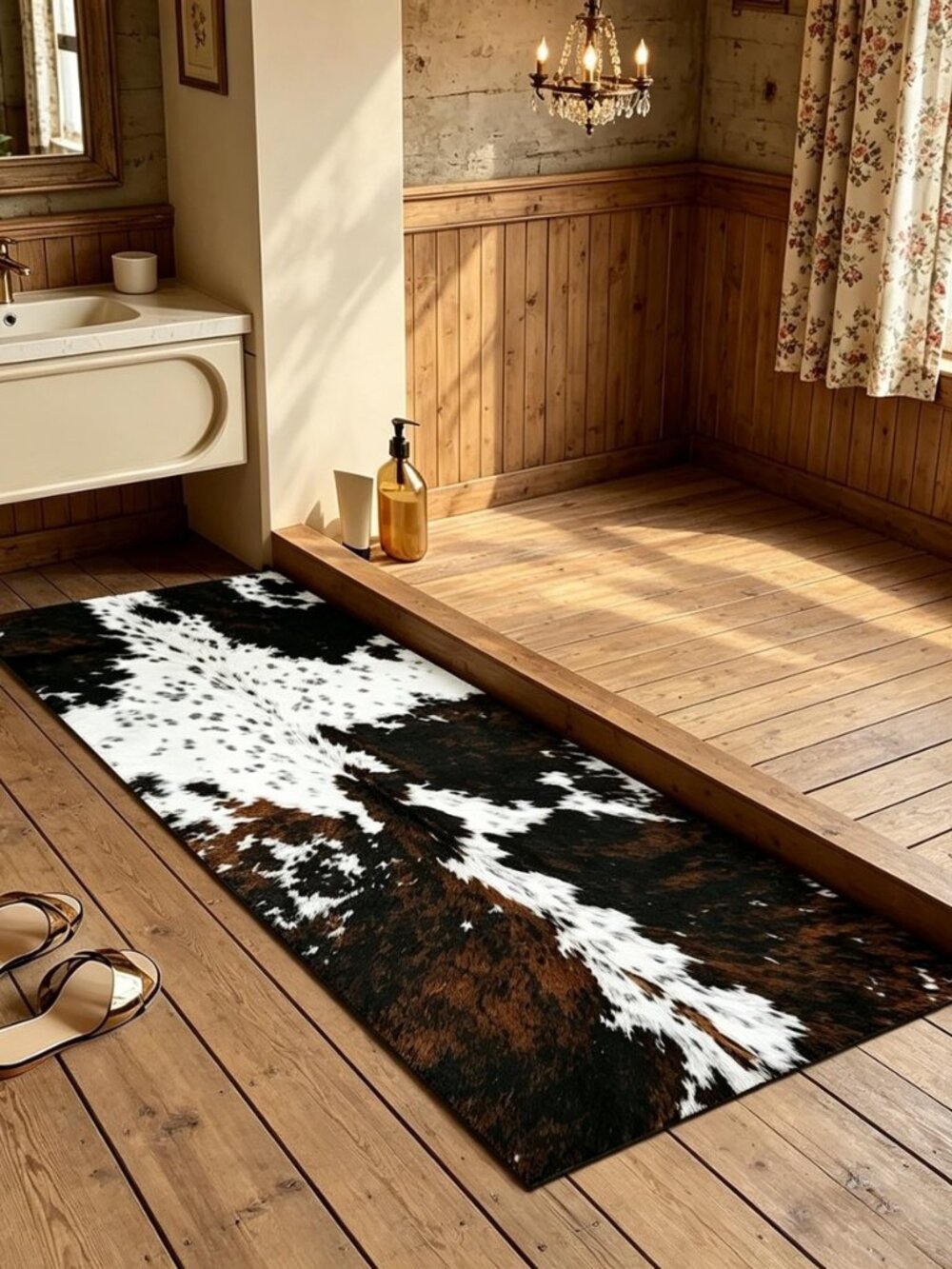 Cowhide Cow Print Bath Mat 16"x 43",Long Western Bathroom Rug for Farmhouse